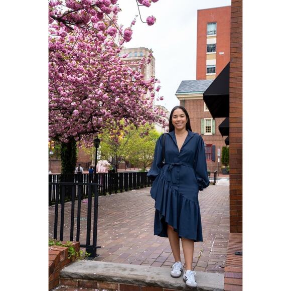 OSMAN YOUSEFZADA Blue Twill Ruffle Button Front Parachute Sleeve Shirt Dress 8 - Picture 12 of 15